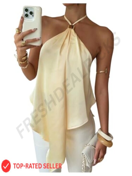 Tops - Satin Halter Cami Top Asymmetrical Ruffle Backless Tie Back Sleeveless